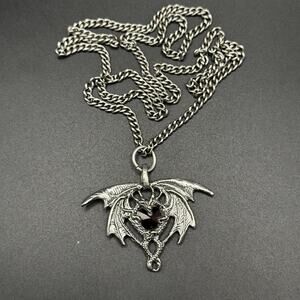 Signed Fellowship Foundry 1995 Pewter Red Crystal Dragon Necklace Goth